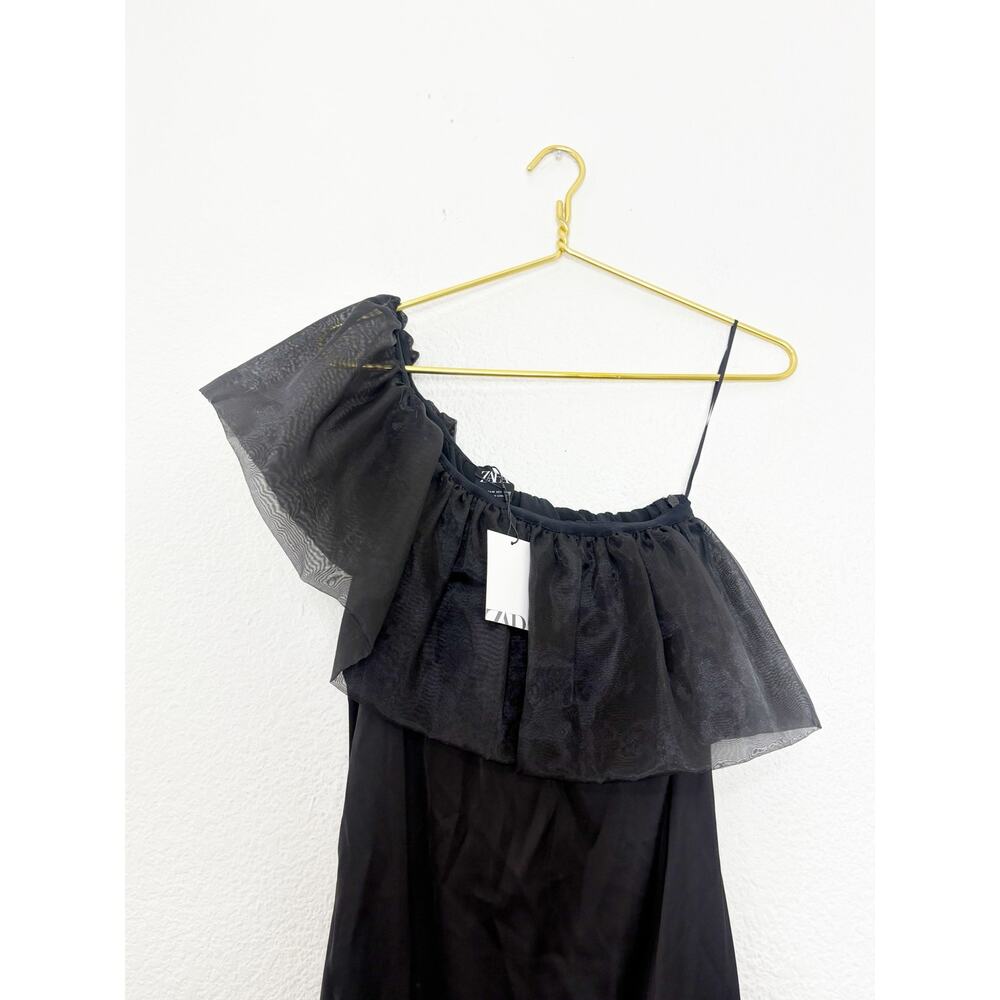 Zara Black Satin Midi Dress Organza Ruffle Puff Sleeve Medium 8779/462 NWT - Picture 4 of 13